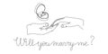 Will you marry me one line art. Continuous line drawing of lovers hold on to fingers, propose, box with an engagement