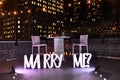 Will you marry me proposal decoration set with sign in the city. Royalty Free Stock Photo