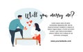 Will you marry me text with cute couple in love character for valentine's day banner design vector illustration