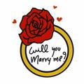 Will you marry me word in rose ring cartoon illustration Royalty Free Stock Photo