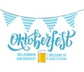 Willcommen zum Bierfest Welcome to beer festival Oktoberfest handwritten lettering on white background with Bavarian garland Royalty Free Stock Photo