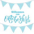 Willcommen zum Oktoberfest handwritten brush lettering on white background with Bavarian garland triangular tags. Banner Royalty Free Stock Photo