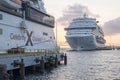 Willemstad, Curacao - April 11, 2018: Carnival Vista and Celebrity Equinox Cruise Ships docked in Willemstad Curacao at Sunset