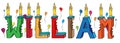 William first name bitten colorful 3d lettering birthday cake with candles and balloons