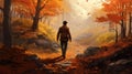 William\'s Autumn Journey: A Victorian-inspired Concept Art Of A Man Walking Through The Forest