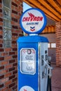 WILLIAMS, AZ - JUNE 29, 2018: Old Chevron Gasoline Pump in front of souvenir shops in Williams, one of the cities on the famous