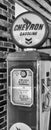 WILLIAMS, AZ - JUNE 29, 2018: Old Chevron Gasoline Pump in front of souvenir shops in Williams, one of the cities on the famous