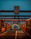 The Williamsburg Bridge pedestrian walkway at night, in New York City Royalty Free Stock Photo