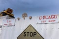 Detail of The Old Service Station along the historic route 66 in Williamsville with signs marking the distance between Chicago and