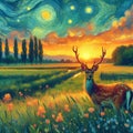 Willian Harris inspired of a deer in a breathtaking field, wih beautiful flower, tree, painting art of Van Gogh, sunset, spring Royalty Free Stock Photo