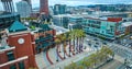 Willie Mays Gate wide aerial of Oracle Park front entrance with statue and palm trees