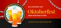 Willkommen Zum Oktoberfest banner poster design. Beer glass vector illustration with barrel background and bavaria flag ornament.