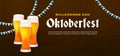 Willkommen Zum Oktoberfest banner poster design. Set of Beer glass vector illustration at wooden bar background with bavaria flag