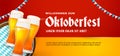 Willkommen Zum Oktoberfest festive banner poster design. Beer glass vector illustration with barrel background and bavaria flag