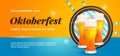 Willkommen Zum Oktoberfest festive banner poster design. Beer glass vector illustration with barrel background and bavaria flag