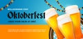 Willkommen Zum Oktoberfest festive banner poster design. Beer glass vector illustration with barrel background and bavaria germany