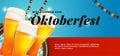 Willkommen Zum Oktoberfest festive banner poster design. Beer glass vector illustration with barrel background and bavaria germany