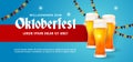 Willkommen Zum Oktoberfest festive party banner background design. Beer glass vector illustration with germany flag ornament.