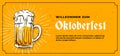 Willkommen Zum Oktoberfest poster banner template design. full glass of bear vector illustration on scratched yellow wall