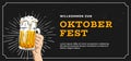 Willkommen Zum Oktoberfest poster banner template design. hand holding full glass of bear vector illustration on scratched black