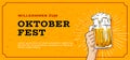 Willkommen Zum Oktoberfest poster banner template design. hand holding full glass of bear vector illustration on scratched yellow Royalty Free Stock Photo