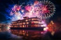 Willow firework on festival night display over cruis ship, vibrance multicolor, generative AI Royalty Free Stock Photo