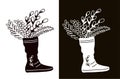Willow and mimosa branches in a boot. Stencil for cutting, burning or foiling