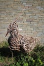 Willow sculpture of Lapwing in front of stone wall