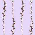 Willow seamless pattern on a lilac background. Spring, Easter, spring trees. Printing on textiles.Abstract background. Vertical Royalty Free Stock Photo