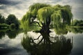 Willow tree in the lake with reflection of clouds in the water, AI Generated