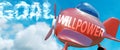 Willpower helps achieve a goal - pictured as word Willpower in clouds, to symbolize that Willpower can help achieving goal in life