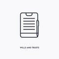 Wills and trusts outline icon. Simple linear element illustration. Isolated line wills and trusts icon on white background. Thin