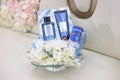 Wilmington, Delaware, U.S - December 1, 2020 - Ocean`s men collection and Versace cologne decorated with white hydrangea flowers