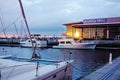 Wilmington, NC - USA - 12-28-2021: Boats in the marina at The Marina Grill restaurant on the Cape Fear River in Wilmington at