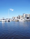 Wilmington, NC - USA - 09-26-2021: View from the riverwalk along the Cape Fear River in downtown Wilmington with a marina and