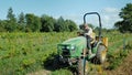 Wilson, NY, USA, September 2018: A farmer works on a small tractor, uproots weeds near the vineyard.