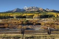 Wilson Peak and yellow aspens with rail fence