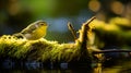 Wilson Warbler perched on a moss-covered branch near a babbling creek. AI Generative