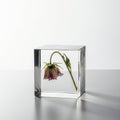 Wilted Pink Rose Inside Transparent Glass Cube on White Surface With Soft Lighting Highlighting Details Conceptual Still Life Royalty Free Stock Photo