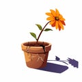 A wilting flower leaning sideways in a cracked pot casting faint shadows on a white surface Royalty Free Stock Photo