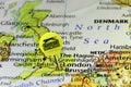 2016. Wimbledon official tennis ball as pin on map of United Kingdom, pinned on London