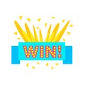 Win Congratulations Sticker With Blue Ribbon Design Template For Video Game Winning Finale