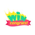 Win Congratulations Sticker Design With Green Letters And Red Ribbon Template For Video Game Winning Finale