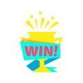 Win Congratulations Sticker With Golden Cup Design Template For Video Game Winning Finale