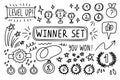 Win doodle outline set. Sport auto items doodles elements. Hand drawn set with Flag icon. Royalty Free Stock Photo