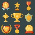 Win Gold Awards Symbols Trophy Icons Set Flat Design Vector Illustration