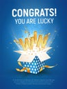 WIN gold text. Open textured blue box with confetti explosion inside and golden winning word on blue background vertical