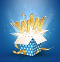 WIN gold text. Open textured blue box with confetti explosion inside and golden win word. Flying particles from giftbox vector Royalty Free Stock Photo