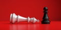 White chess king laying down and black pawn standing up winner on a chessboard, red background. 3D illustration Royalty Free Stock Photo