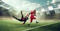 Win and lose. Image of two men, american football players in motion during game, running, playing at 3D stadium. Open